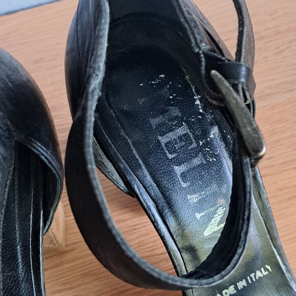 Melin Vintage Leather Ankle Strap Sandals Women 36 Black Block Heel Wood Detail - Picture 9 of 13